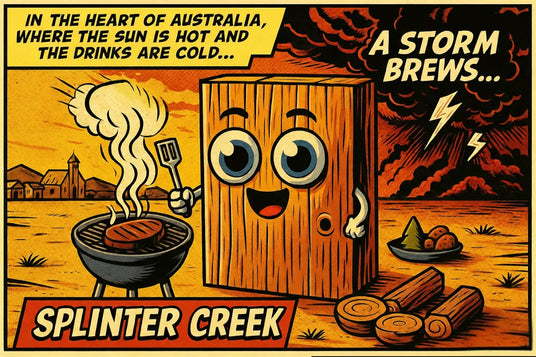 Comic of a plywood mascot Ply Bob, cooking steak on a grill with a storm brewing in the background, and text about Australia.