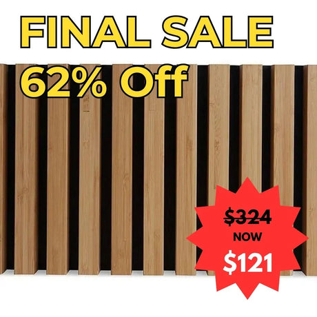 Bamboo batten wall panel with a sale label indicating 62% off on a black and white striped background - EOFY Deals.