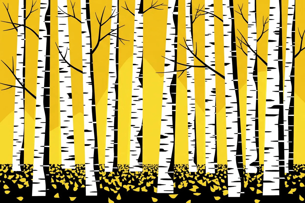 Birch trees with white trunks and black branches on a yellow background - Ply Online