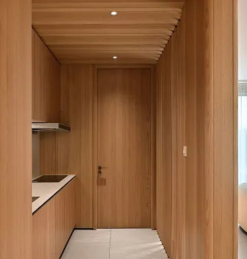 Interior with a wood veneer panels, door and shelves in a modern setting